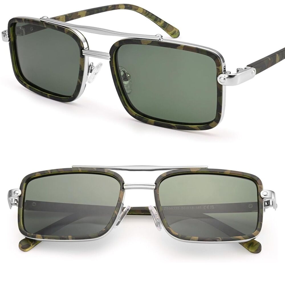 Unisex Silver Green Rectangle Pilot Polarized Double Bridge Retro Sunglasses